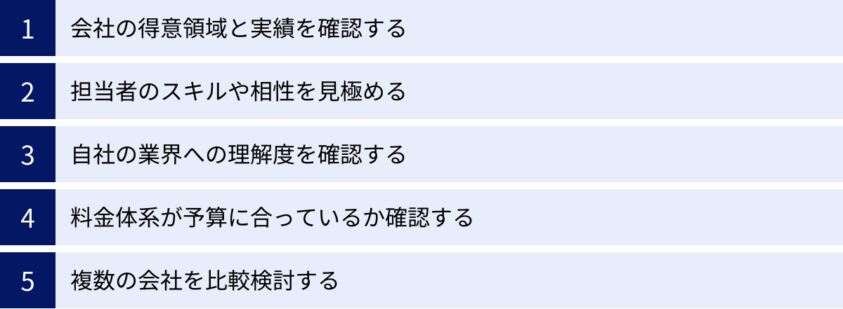 会社の得意領域と実績を確認する、担当者のスキルや相性を見極める、自社の業界への理解度を確認する、料金体系が予算に合っているか確認する、複数の会社を比較検討する