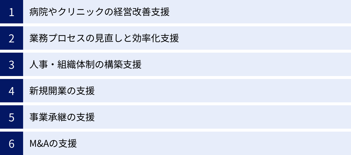 病院やクリニックの経営改善支援、業務プロセスの見直しと効率化支援、人事・組織体制の構築支援、新規開業の支援、事業承継の支援、M&Aの支援