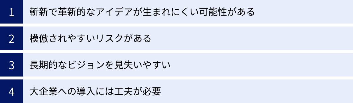 斬新で革新的なアイデアが生まれにくい可能性がある、模倣されやすいリスクがある、長期的なビジョンを見失いやすい、大企業への導入には工夫が必要