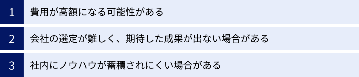 費用が高額になる可能性がある、会社の選定が難しく、期待した成果が出ない場合がある、社内にノウハウが蓄積されにくい場合がある