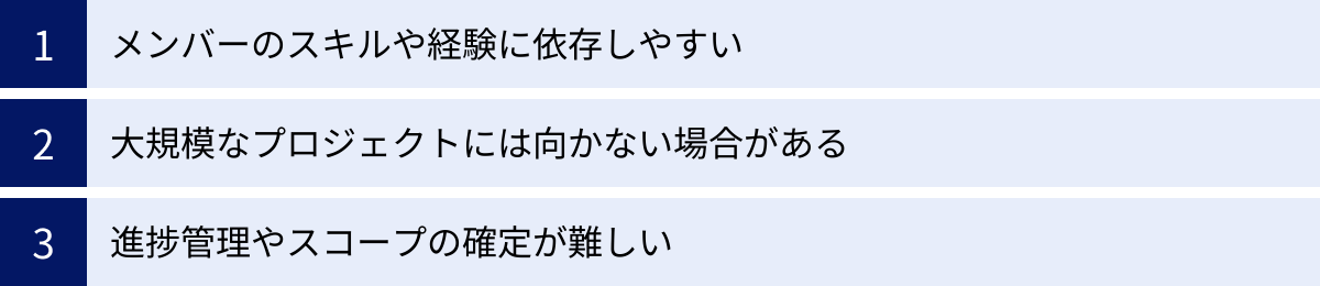 メンバーのスキルや経験に依存しやすい、大規模なプロジェクトには向かない場合がある、進捗管理やスコープの確定が難しい