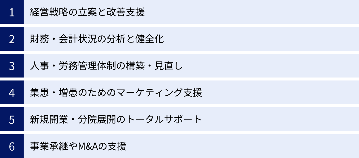 経営戦略の立案と改善支援、財務・会計状況の分析と健全化、人事・労務管理体制の構築・見直し、集患・増患のためのマーケティング支援、新規開業・分院展開のトータルサポート、事業承継やM&Aの支援
