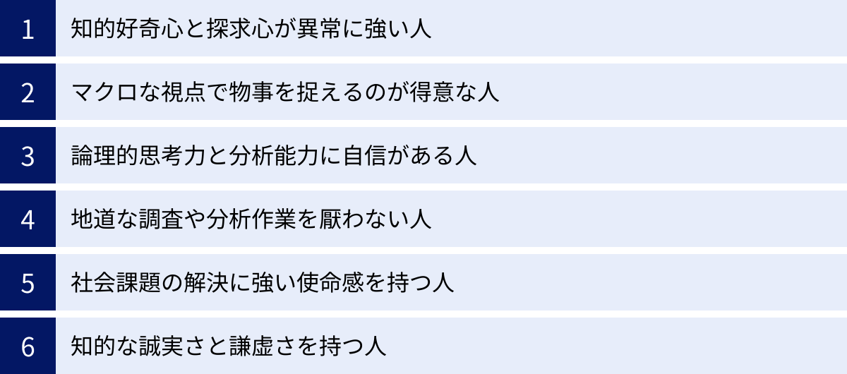知的好奇心と探求心が異常に強い人、マクロな視点で物事を捉えるのが得意な人、論理的思考力と分析能力に自信がある人、地道な調査や分析作業を厭わない人、社会課題の解決に強い使命感を持つ人、知的な誠実さと謙虚さを持つ人