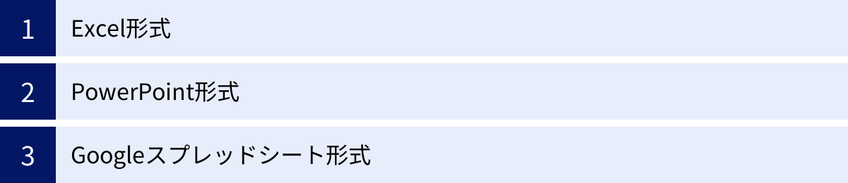 Excel形式、PowerPoint形式、Googleスプレッドシート形式