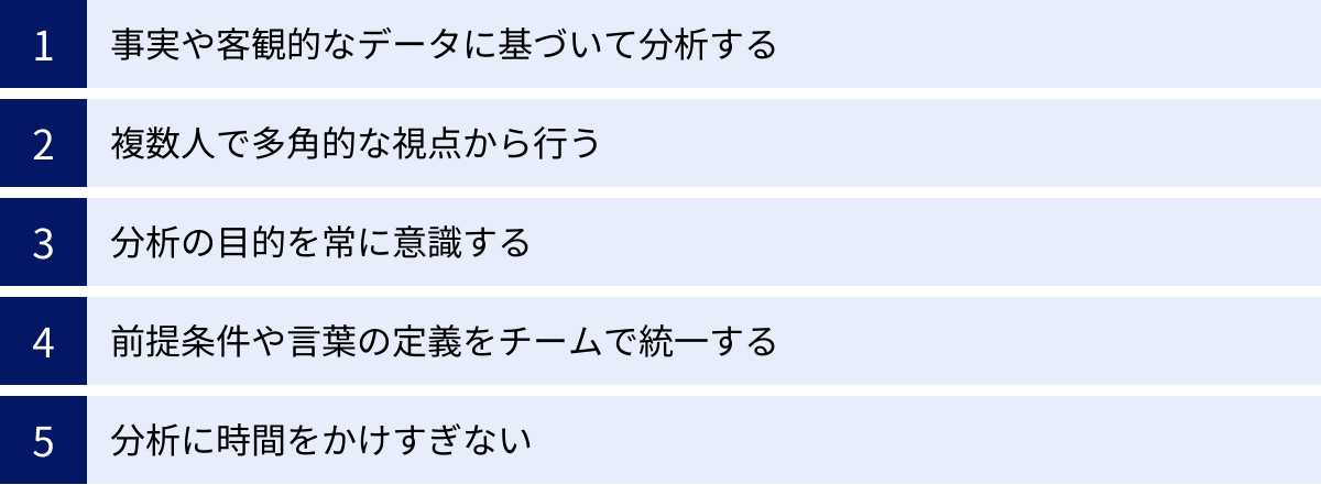 事実や客観的なデータに基づいて分析する、複数人で多角的な視点から行う、分析の目的を常に意識する、前提条件や言葉の定義をチームで統一する、分析に時間をかけすぎない