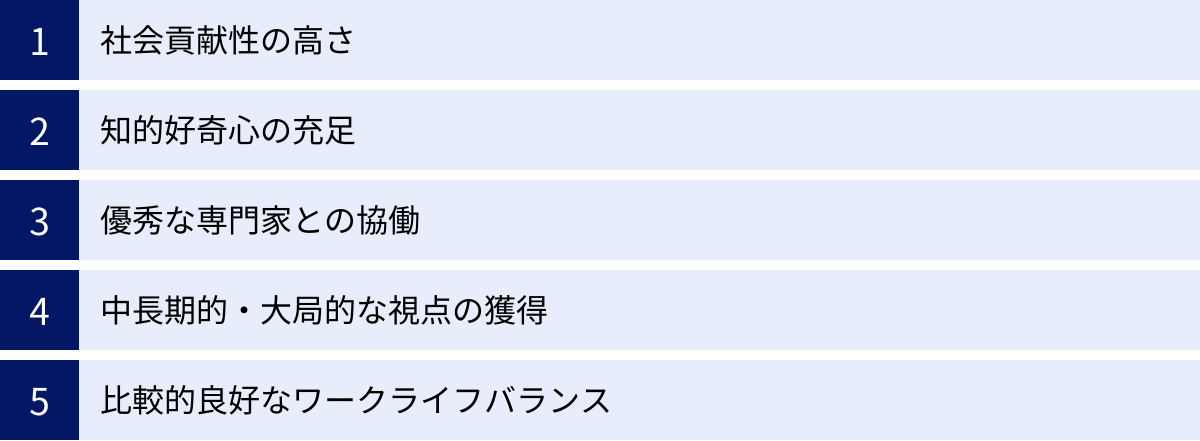 社会貢献性の高さ、知的好奇心の充足、優秀な専門家との協働、中長期的・大局的な視点の獲得、比較的良好なワークライフバランス