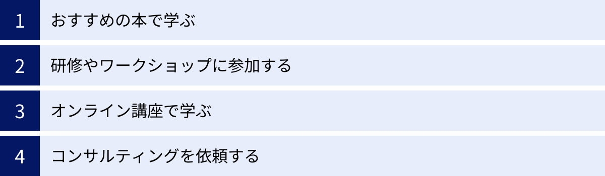 おすすめの本で学ぶ、研修やワークショップに参加する、オンライン講座で学ぶ、コンサルティングを依頼する