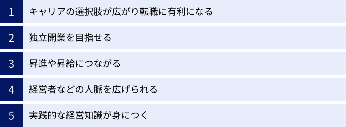 キャリアの選択肢が広がり転職に有利になる、独立開業を目指せる、昇進や昇給につながる、経営者などの人脈を広げられる、実践的な経営知識が身につく