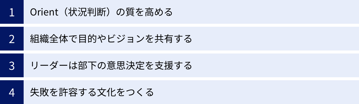 Orient（状況判断）の質を高める、組織全体で目的やビジョンを共有する、リーダーは部下の意思決定を支援する、失敗を許容する文化をつくる