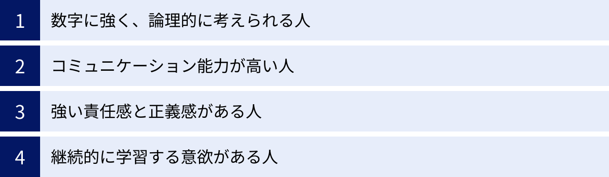 数字に強く、論理的に考えられる人、コミュニケーション能力が高い人、強い責任感と正義感がある人、継続的に学習する意欲がある人