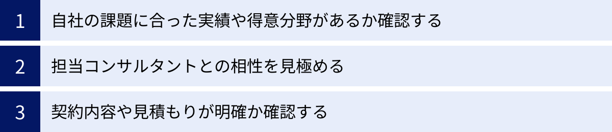 自社の課題に合った実績や得意分野があるか確認する、担当コンサルタントとの相性を見極める、契約内容や見積もりが明確か確認する