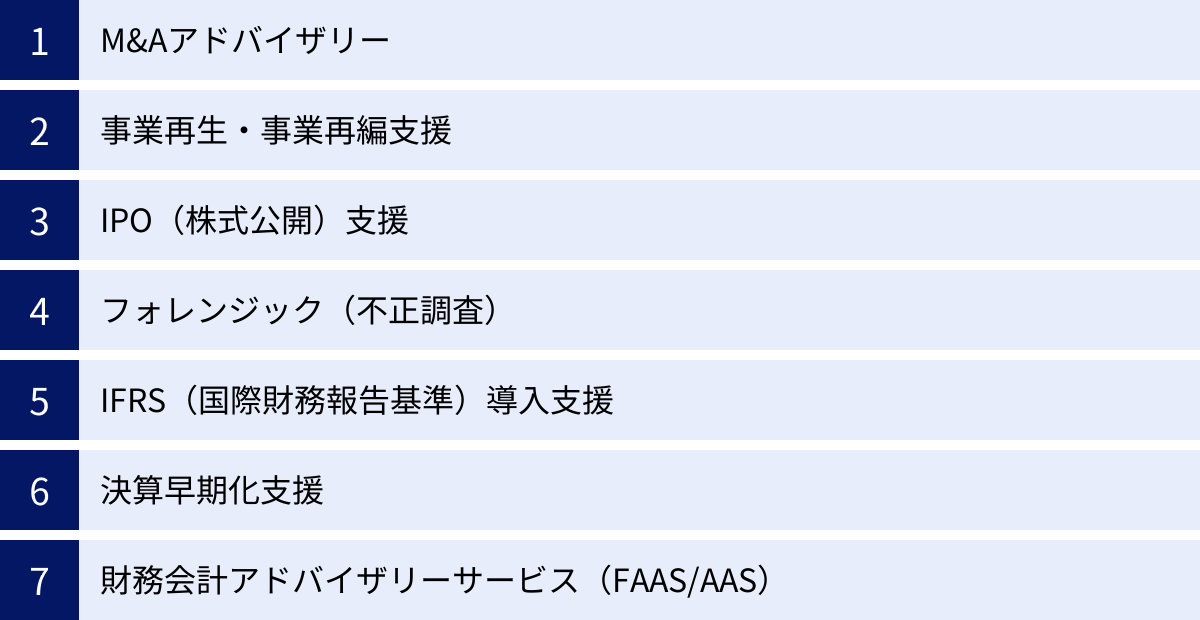 M&Aアドバイザリー、事業再生・事業再編支援、IPO（株式公開）支援、フォレンジック（不正調査）、IFRS（国際財務報告基準）導入支援、決算早期化支援、財務会計アドバイザリーサービス（FAAS/AAS）