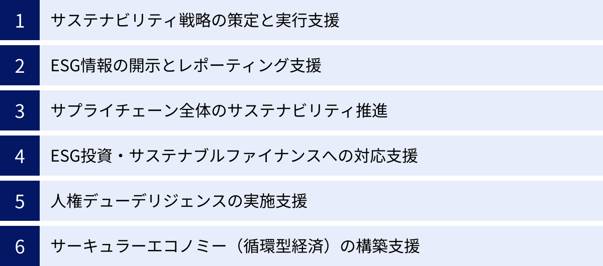 サステナビリティ戦略の策定と実行支援、ESG情報の開示とレポーティング支援、サプライチェーン全体のサステナビリティ推進、ESG投資・サステナブルファイナンスへの対応支援、人権デューデリジェンスの実施支援、サーキュラーエコノミー（循環型経済）の構築支援