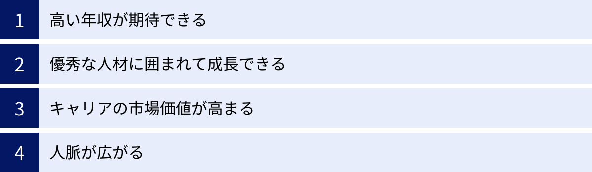 高い年収が期待できる、優秀な人材に囲まれて成長できる、キャリアの市場価値が高まる、人脈が広がる