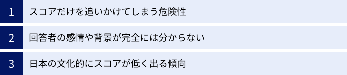 スコアだけを追いかけてしまう危険性、回答者の感情や背景が完全には分からない、日本の文化的にスコアが低く出る傾向