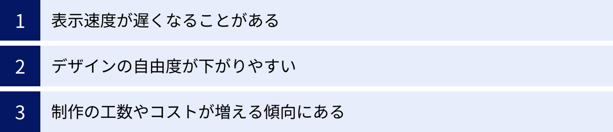 表示速度が遅くなることがある、デザインの自由度が下がりやすい、制作の工数やコストが増える傾向にある