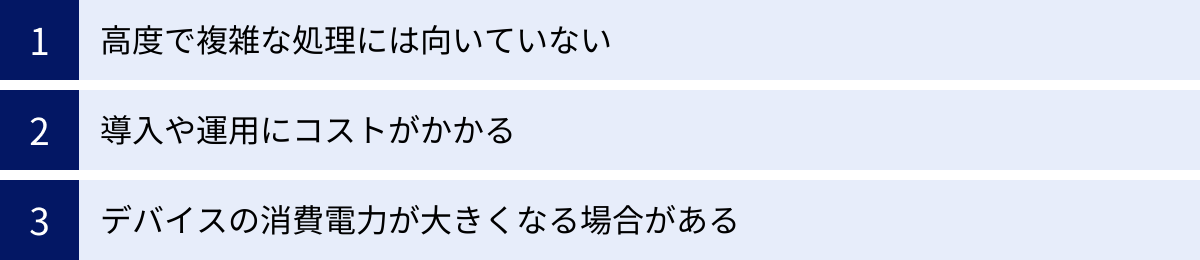高度で複雑な処理には向いていない、導入や運用にコストがかかる、デバイスの消費電力が大きくなる場合がある