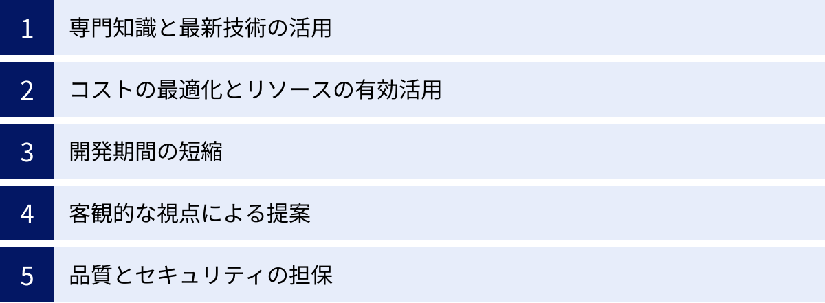 専門知識と最新技術の活用、コストの最適化とリソースの有効活用、開発期間の短縮、客観的な視点による提案、品質とセキュリティの担保