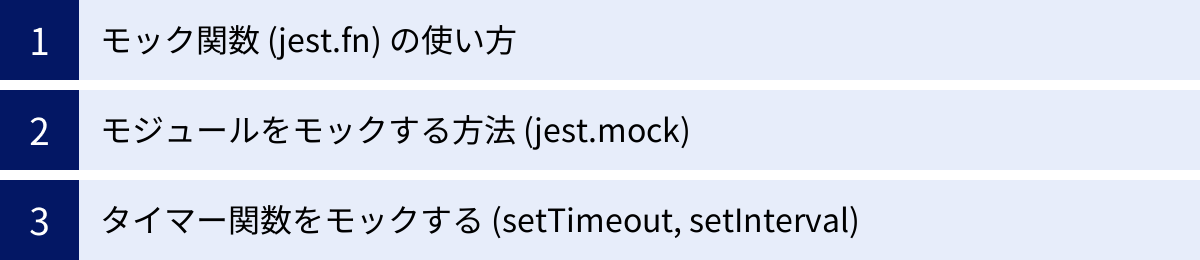 モック関数 (jest.fn) の使い方、モジュールをモックする方法 (jest.mock)、タイマー関数をモックする (setTimeout, setInterval)