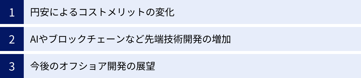 円安によるコストメリットの変化、AIやブロックチェーンなど先端技術開発の増加、今後のオフショア開発の展望