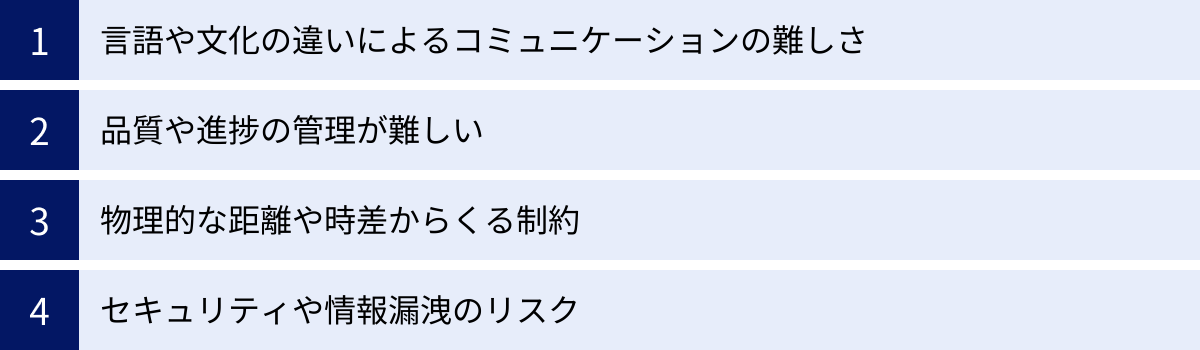 言語や文化の違いによるコミュニケーションの難しさ、品質や進捗の管理が難しい、物理的な距離や時差からくる制約、セキュリティや情報漏洩のリスク