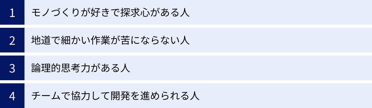 モノづくりが好きで探求心がある人、地道で細かい作業が苦にならない人、論理的思考力がある人、チームで協力して開発を進められる人