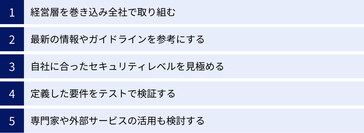 経営層を巻き込み全社で取り組む、最新の情報やガイドラインを参考にする、自社に合ったセキュリティレベルを見極める、定義した要件をテストで検証する、専門家や外部サービスの活用も検討する