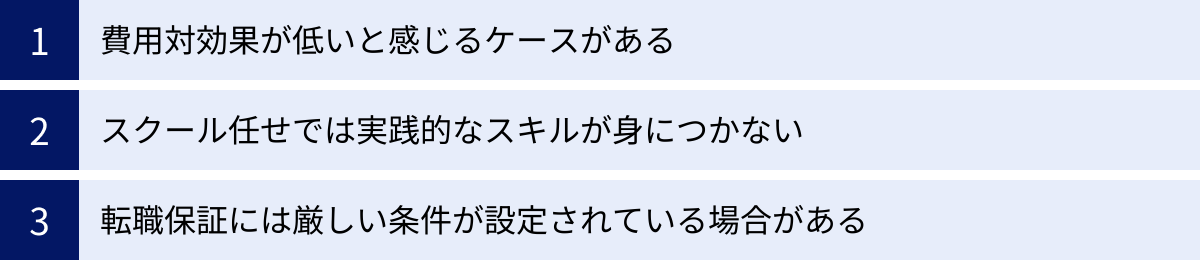 費用対効果が低いと感じるケースがある、スクール任せでは実践的なスキルが身につかない、転職保証には厳しい条件が設定されている場合がある