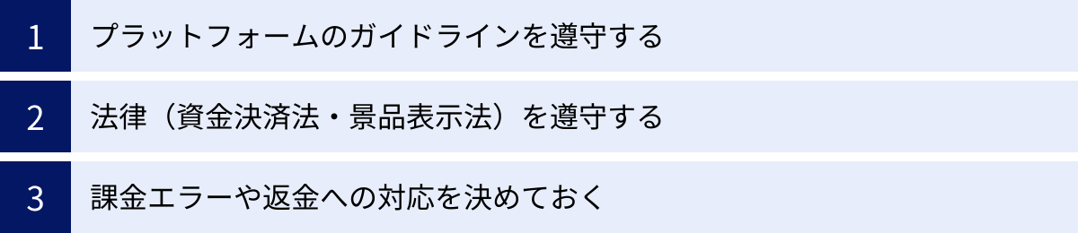 プラットフォームのガイドラインを遵守する、法律（資金決済法・景品表示法）を遵守する、課金エラーや返金への対応を決めておく