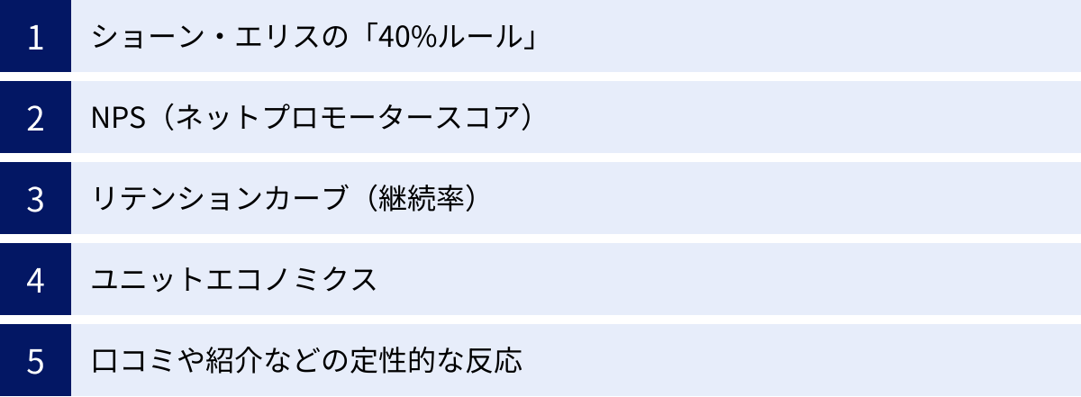 ショーン・エリスの「40%ルール」、NPS（ネットプロモータースコア）、リテンションカーブ（継続率）、ユニットエコノミクス、口コミや紹介などの定性的な反応
