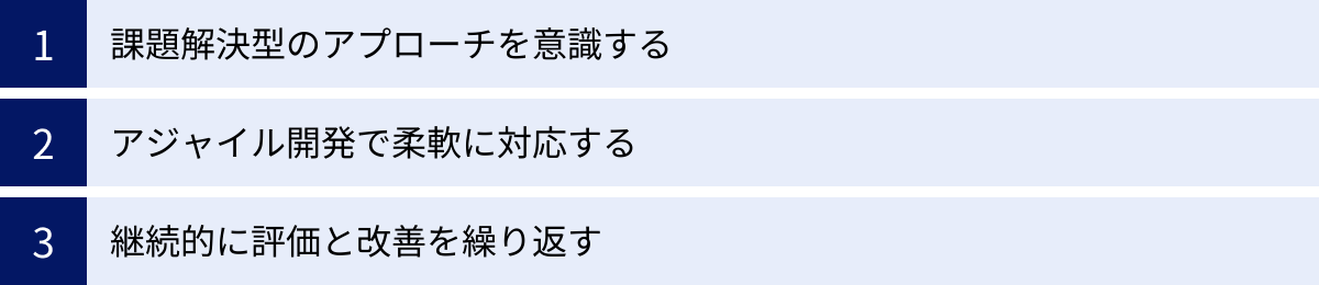 課題解決型のアプローチを意識する、アジャイル開発で柔軟に対応する、継続的に評価と改善を繰り返す