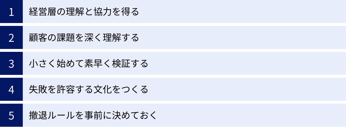 経営層の理解と協力を得る、顧客の課題を深く理解する、小さく始めて素早く検証する、失敗を許容する文化をつくる、撤退ルールを事前に決めておく