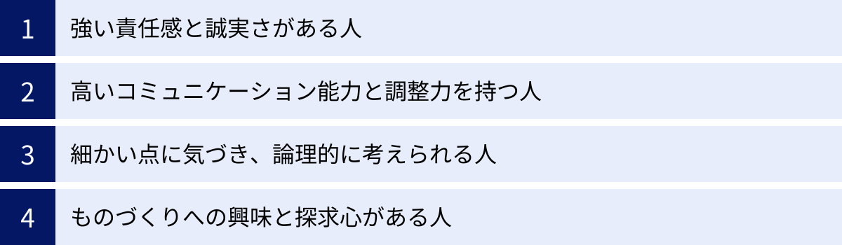 強い責任感と誠実さがある人、高いコミュニケーション能力と調整力を持つ人、細かい点に気づき、論理的に考えられる人、ものづくりへの興味と探求心がある人