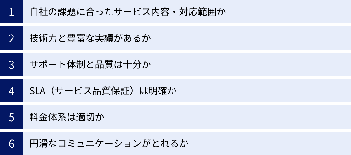 自社の課題に合ったサービス内容・対応範囲か、技術力と豊富な実績があるか、サポート体制と品質は十分か、SLA（サービス品質保証）は明確か、料金体系は適切か、円滑なコミュニケーションがとれるか