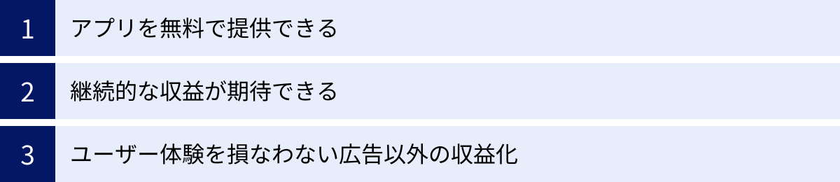 アプリを無料で提供できる、継続的な収益が期待できる、ユーザー体験を損なわない広告以外の収益化