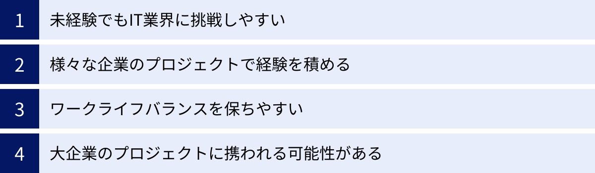 未経験でもIT業界に挑戦しやすい、様々な企業のプロジェクトで経験を積める、ワークライフバランスを保ちやすい、大企業のプロジェクトに携われる可能性がある