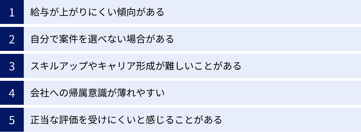 給与が上がりにくい傾向がある、自分で案件を選べない場合がある、スキルアップやキャリア形成が難しいことがある、会社への帰属意識が薄れやすい、正当な評価を受けにくいと感じることがある