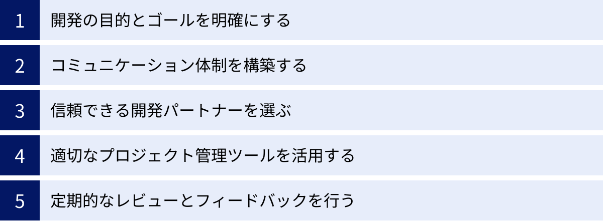 開発の目的とゴールを明確にする、コミュニケーション体制を構築する、信頼できる開発パートナーを選ぶ、適切なプロジェクト管理ツールを活用する、定期的なレビューとフィードバックを行う