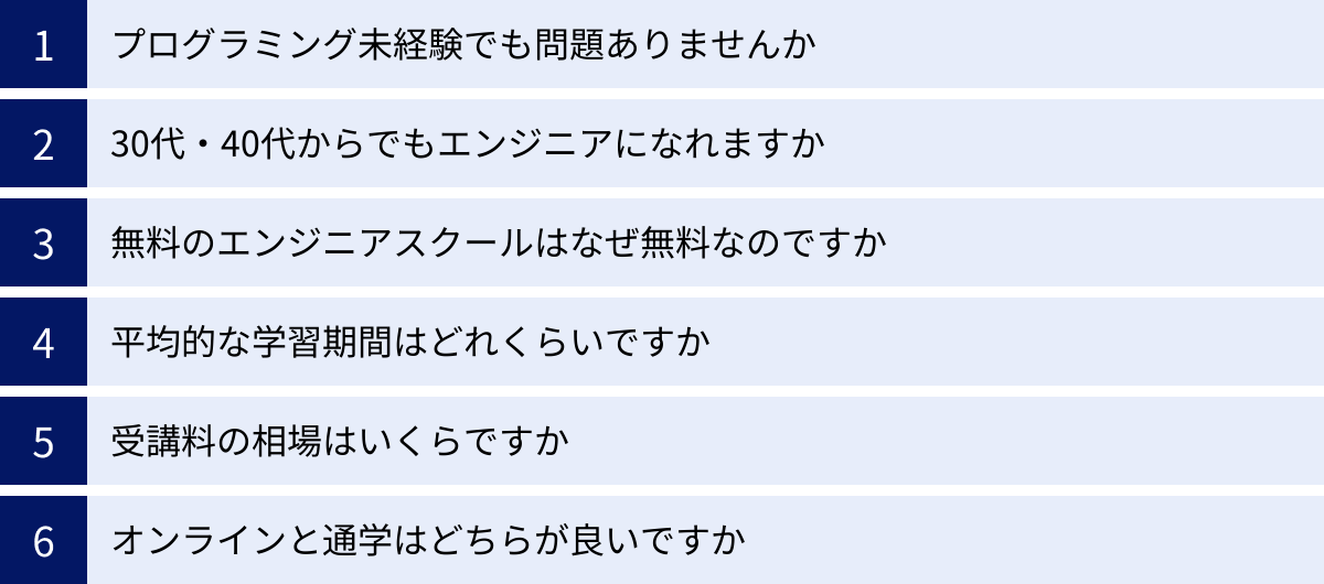 プログラミング未経験でも問題ありませんか、30代・40代からでもエンジニアになれますか、無料のエンジニアスクールはなぜ無料なのですか、平均的な学習期間はどれくらいですか、受講料の相場はいくらですか、オンラインと通学はどちらが良いですか