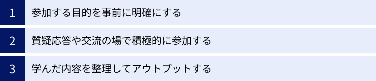 参加する目的を事前に明確にする、質疑応答や交流の場で積極的に参加する、学んだ内容を整理してアウトプットする