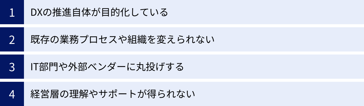DXの推進自体が目的化している、既存の業務プロセスや組織を変えられない、IT部門や外部ベンダーに丸投げする、経営層の理解やサポートが得られない