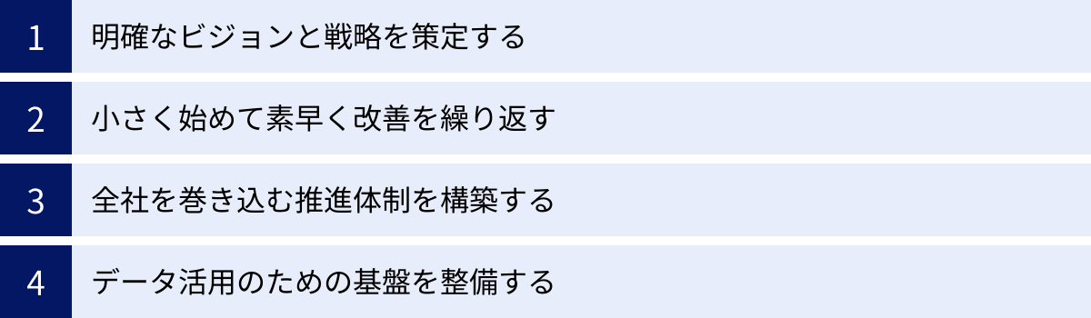 明確なビジョンと戦略を策定する、小さく始めて素早く改善を繰り返す、全社を巻き込む推進体制を構築する、データ活用のための基盤を整備する