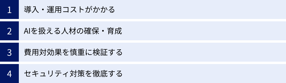 導入・運用コストがかかる、AIを扱える人材の確保・育成、費用対効果を慎重に検証する、セキュリティ対策を徹底する
