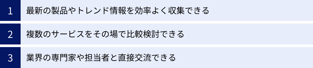 最新の製品やトレンド情報を効率よく収集できる、複数のサービスをその場で比較検討できる、業界の専門家や担当者と直接交流できる