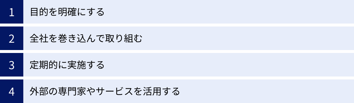 目的を明確にする、全社を巻き込んで取り組む、定期的に実施する、外部の専門家やサービスを活用する