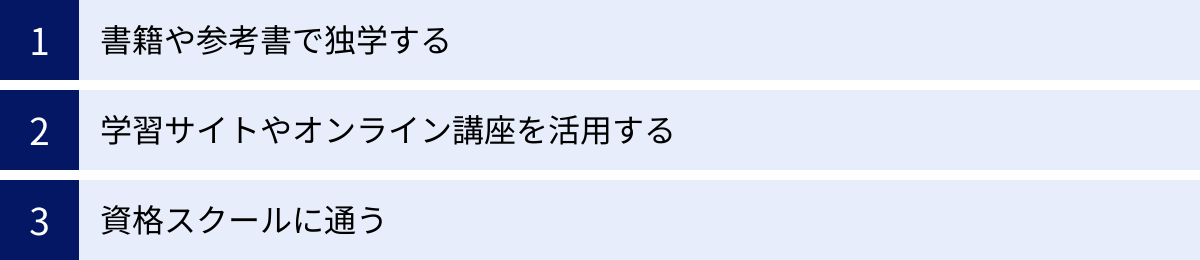 書籍や参考書で独学する、学習サイトやオンライン講座を活用する、資格スクールに通う