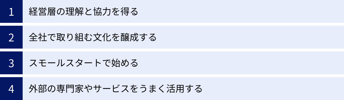 経営層の理解と協力を得る、全社で取り組む文化を醸成する、スモールスタートで始める、外部の専門家やサービスをうまく活用する