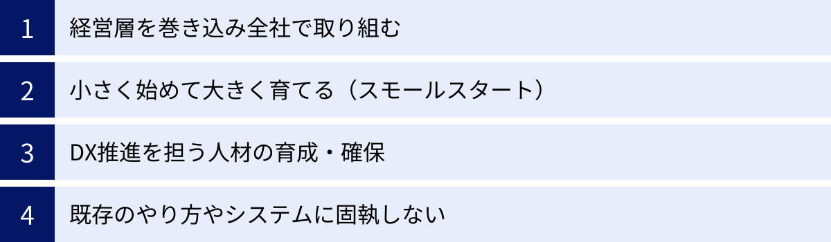 経営層を巻き込み全社で取り組む、小さく始めて大きく育てる（スモールスタート）、DX推進を担う人材の育成・確保、既存のやり方やシステムに固執しない