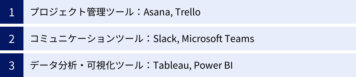 プロジェクト管理ツール：Asana, Trello、コミュニケーションツール：Slack, Microsoft Teams、データ分析・可視化ツール：Tableau, Power BI