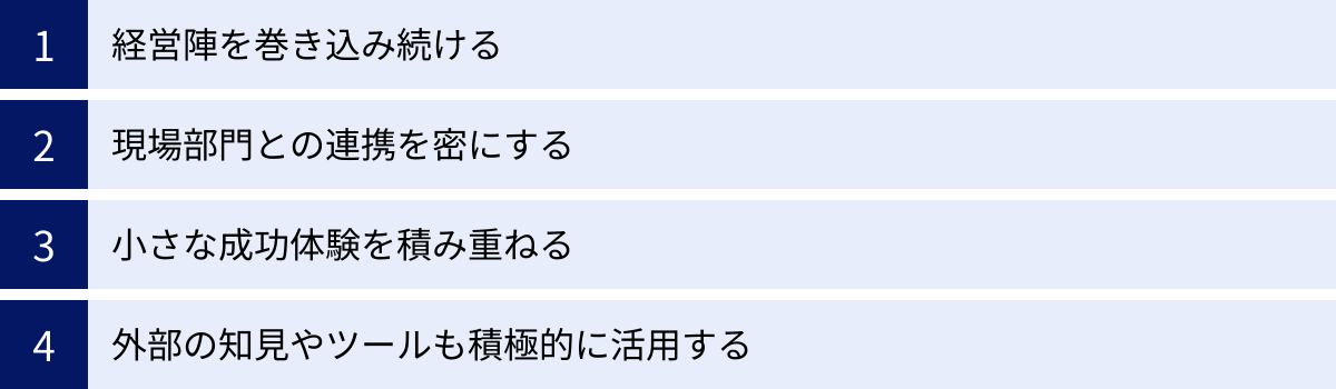経営陣を巻き込み続ける、現場部門との連携を密にする、小さな成功体験を積み重ねる、外部の知見やツールも積極的に活用する